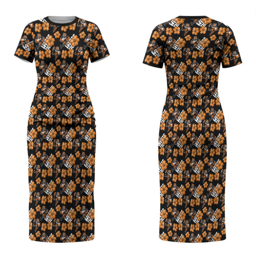 Wests Tigers Couples Matching Short Sleeve Bodycon Dress and Long Sleeve Button Shirt Tropical Hibiscus Floral Seamless Rugby Mascot