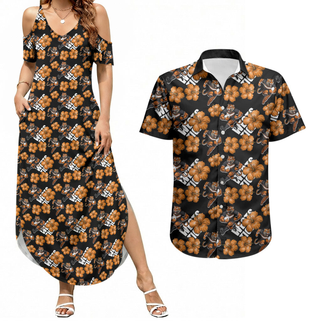 Wests Tigers Couples Matching Summer Maxi Dress and Hawaiian Shirt Tropical Hibiscus Floral Seamless Rugby Mascot