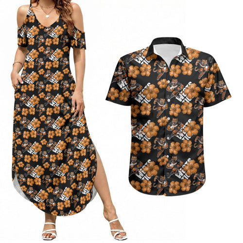 Wests Tigers Couples Matching Summer Maxi Dress and Hawaiian Shirt Tropical Hibiscus Floral Seamless Rugby Mascot