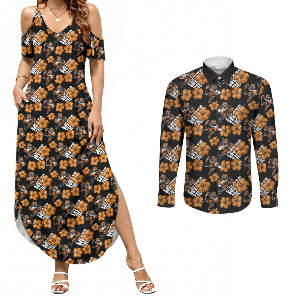 Wests Tigers Couples Matching Summer Maxi Dress and Long Sleeve Button Shirt Tropical Hibiscus Floral Seamless Rugby Mascot