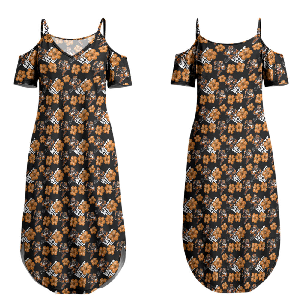 Wests Tigers Couples Matching Summer Maxi Dress and Long Sleeve Button Shirt Tropical Hibiscus Floral Seamless Rugby Mascot