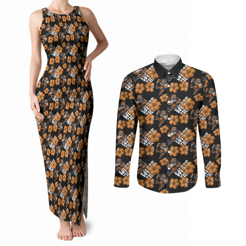 Wests Tigers Couples Matching Tank Maxi Dress and Long Sleeve Button Shirt Tropical Hibiscus Floral Seamless Rugby Mascot