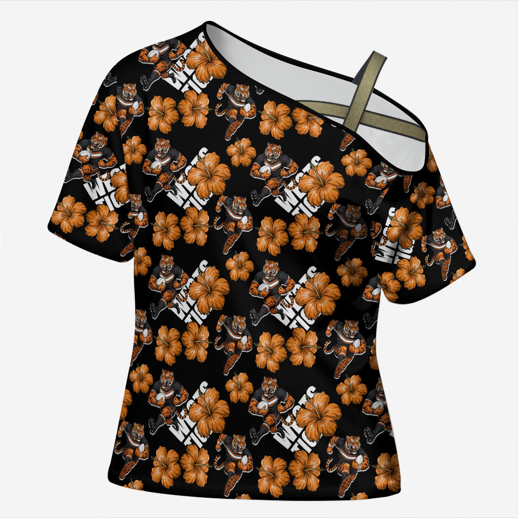Wests Tigers Cross Shoulder Shirt Tropical Hibiscus Floral Seamless Rugby Mascot