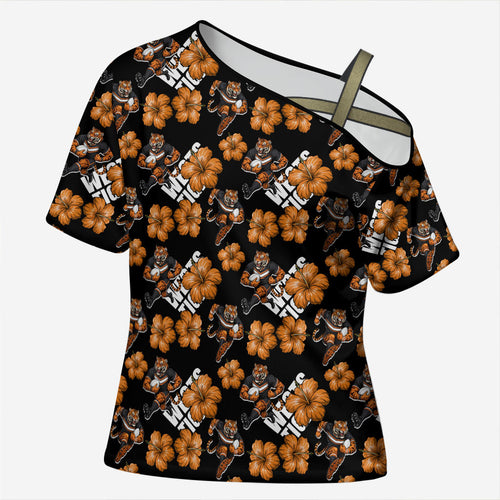 Wests Tigers Cross Shoulder Shirt Tropical Hibiscus Floral Seamless Rugby Mascot