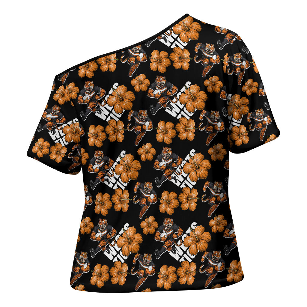 Wests Tigers Cross Shoulder Shirt Tropical Hibiscus Floral Seamless Rugby Mascot