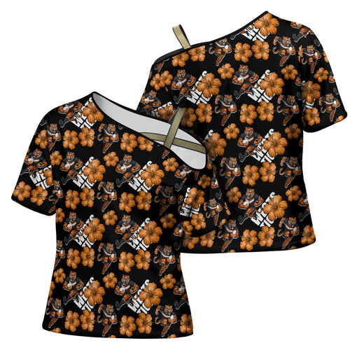 Wests Tigers Cross Shoulder Shirt Tropical Hibiscus Floral Seamless Rugby Mascot