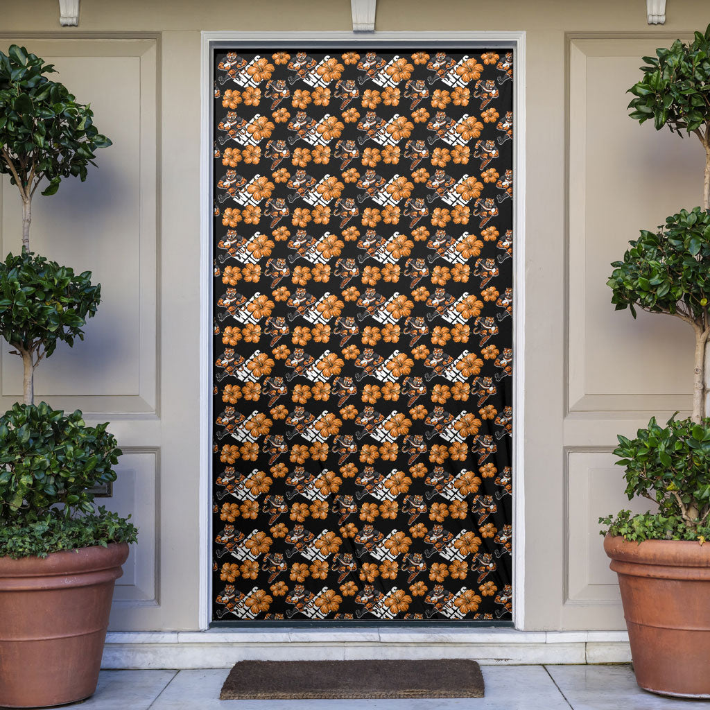 Wests Tigers Door Cover Tropical Hibiscus Floral Seamless Rugby Mascot