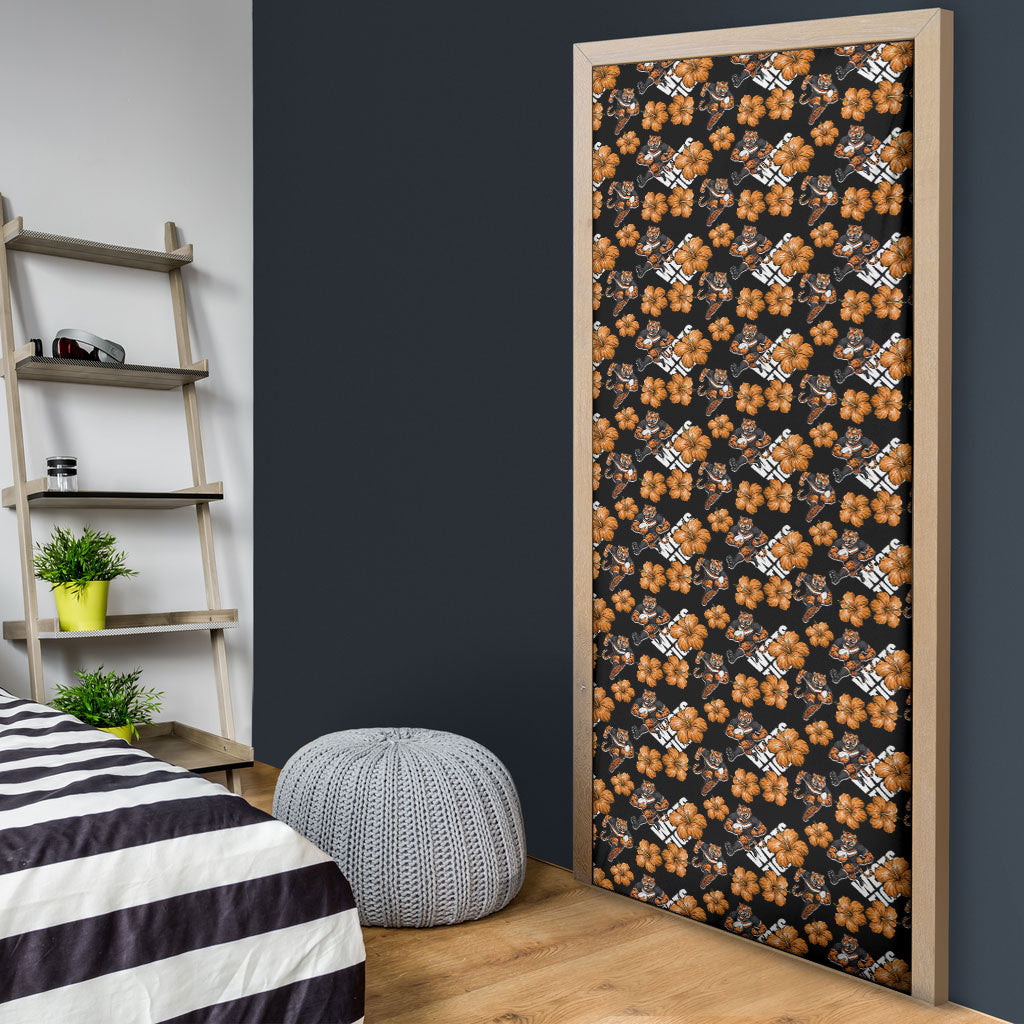 Wests Tigers Door Cover Tropical Hibiscus Floral Seamless Rugby Mascot