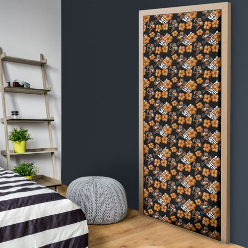 Wests Tigers Door Cover Tropical Hibiscus Floral Seamless Rugby Mascot