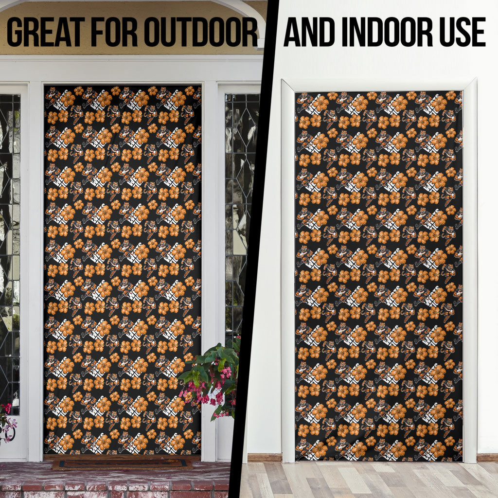 Wests Tigers Door Cover Tropical Hibiscus Floral Seamless Rugby Mascot