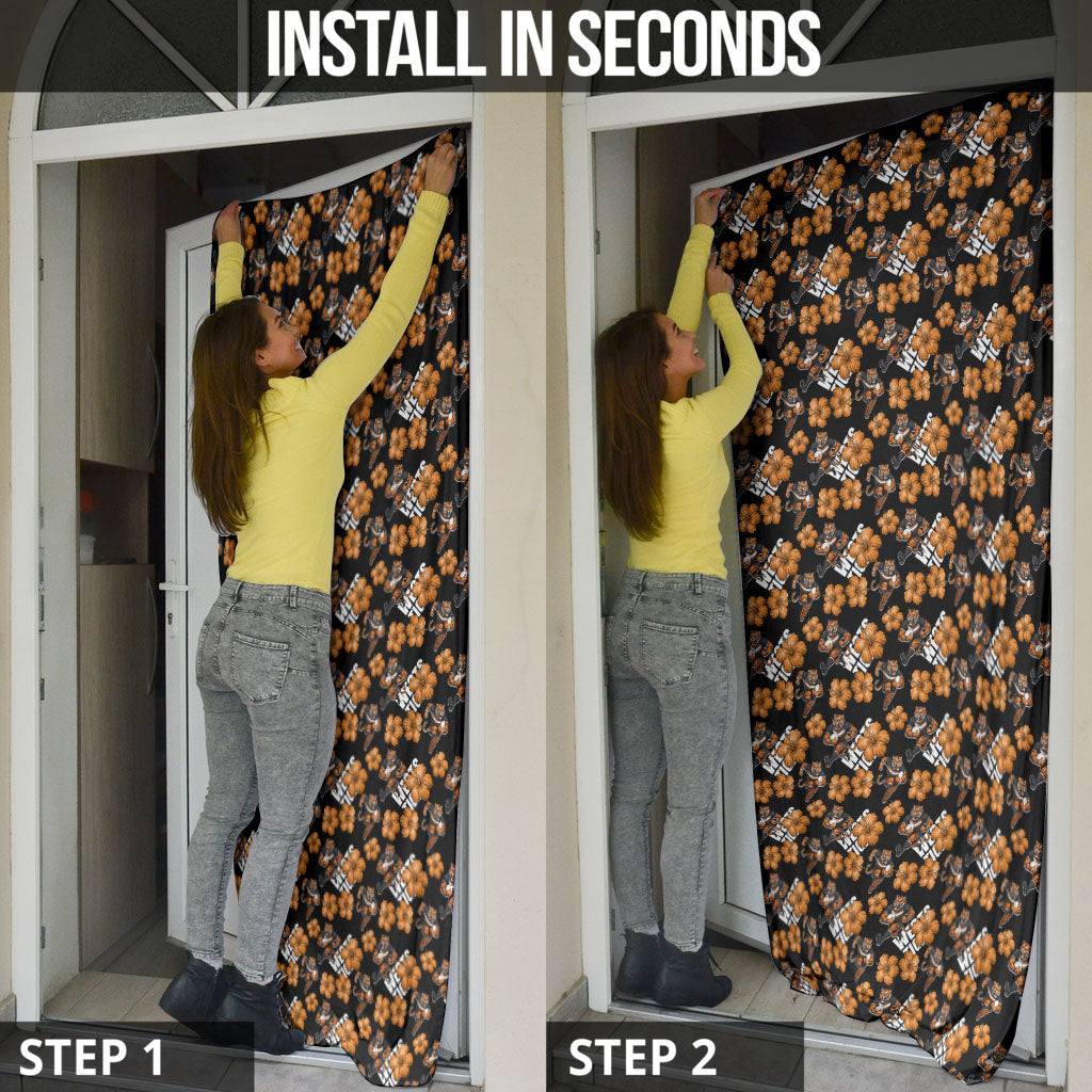 Wests Tigers Door Cover Tropical Hibiscus Floral Seamless Rugby Mascot