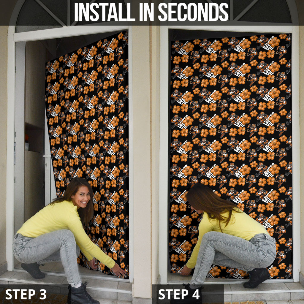 Wests Tigers Door Cover Tropical Hibiscus Floral Seamless Rugby Mascot