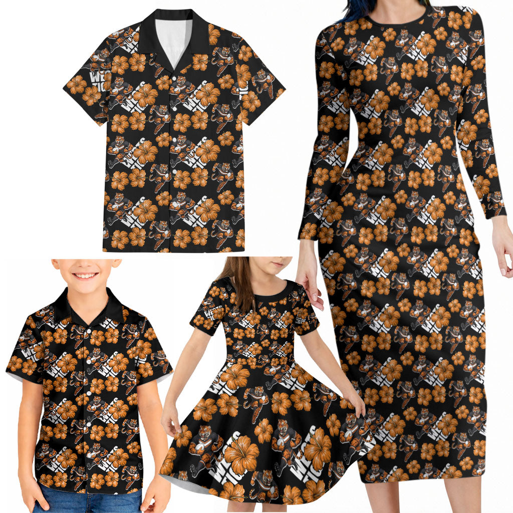 Wests Tigers Family Matching Long Sleeve Bodycon Dress and Hawaiian Shirt Tropical Hibiscus Floral Seamless Rugby Mascot