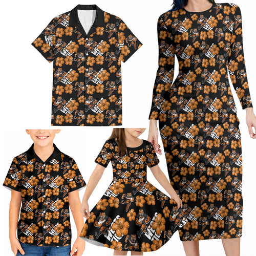 Wests Tigers Family Matching Long Sleeve Bodycon Dress and Hawaiian Shirt Tropical Hibiscus Floral Seamless Rugby Mascot