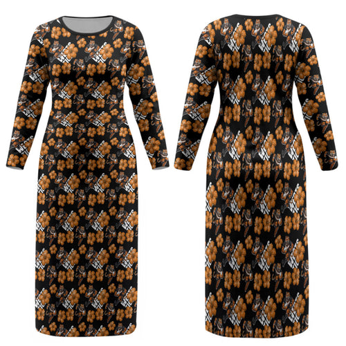 Wests Tigers Family Matching Long Sleeve Bodycon Dress and Hawaiian Shirt Tropical Hibiscus Floral Seamless Rugby Mascot