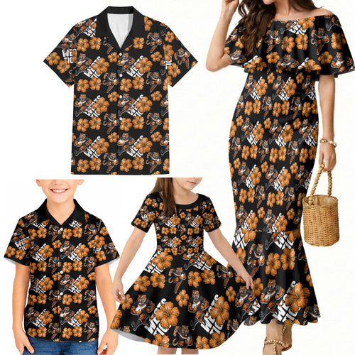 Wests Tigers Family Matching Mermaid Dress and Hawaiian Shirt Tropical Hibiscus Floral Seamless Rugby Mascot