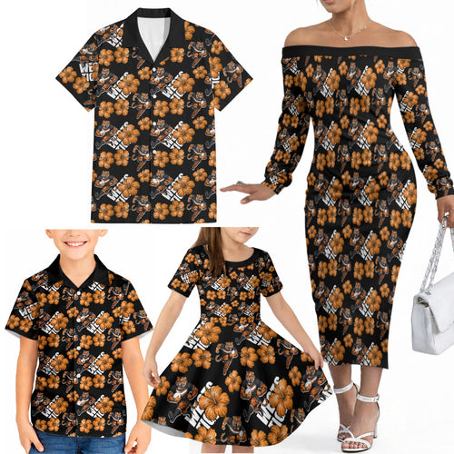 Wests Tigers Family Matching Off The Shoulder Long Sleeve Dress and Hawaiian Shirt Tropical Hibiscus Floral Seamless Rugby Mascot
