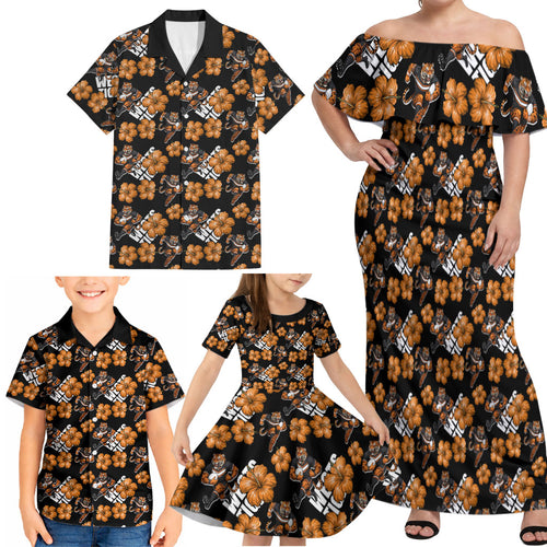 Wests Tigers Family Matching Off Shoulder Maxi Dress and Hawaiian Shirt Tropical Hibiscus Floral Seamless Rugby Mascot