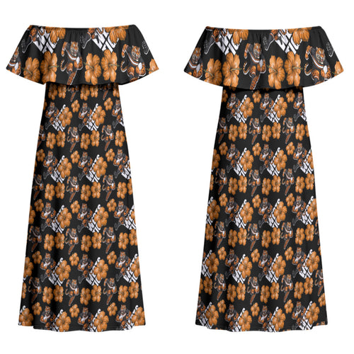 Wests Tigers Family Matching Off Shoulder Maxi Dress and Hawaiian Shirt Tropical Hibiscus Floral Seamless Rugby Mascot