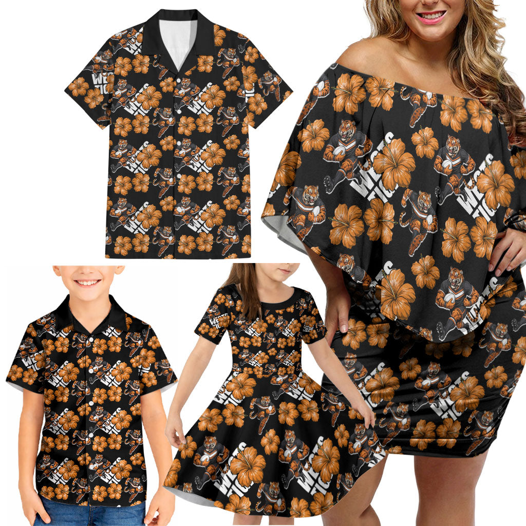 Wests Tigers Family Matching Off Shoulder Short Dress and Hawaiian Shirt Tropical Hibiscus Floral Seamless Rugby Mascot