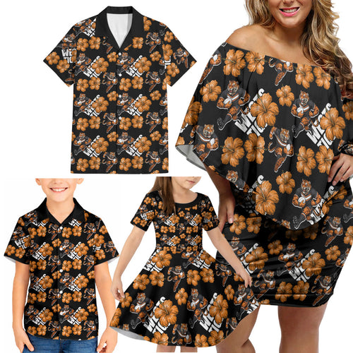 Wests Tigers Family Matching Off Shoulder Short Dress and Hawaiian Shirt Tropical Hibiscus Floral Seamless Rugby Mascot