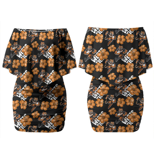 Wests Tigers Family Matching Off Shoulder Short Dress and Hawaiian Shirt Tropical Hibiscus Floral Seamless Rugby Mascot