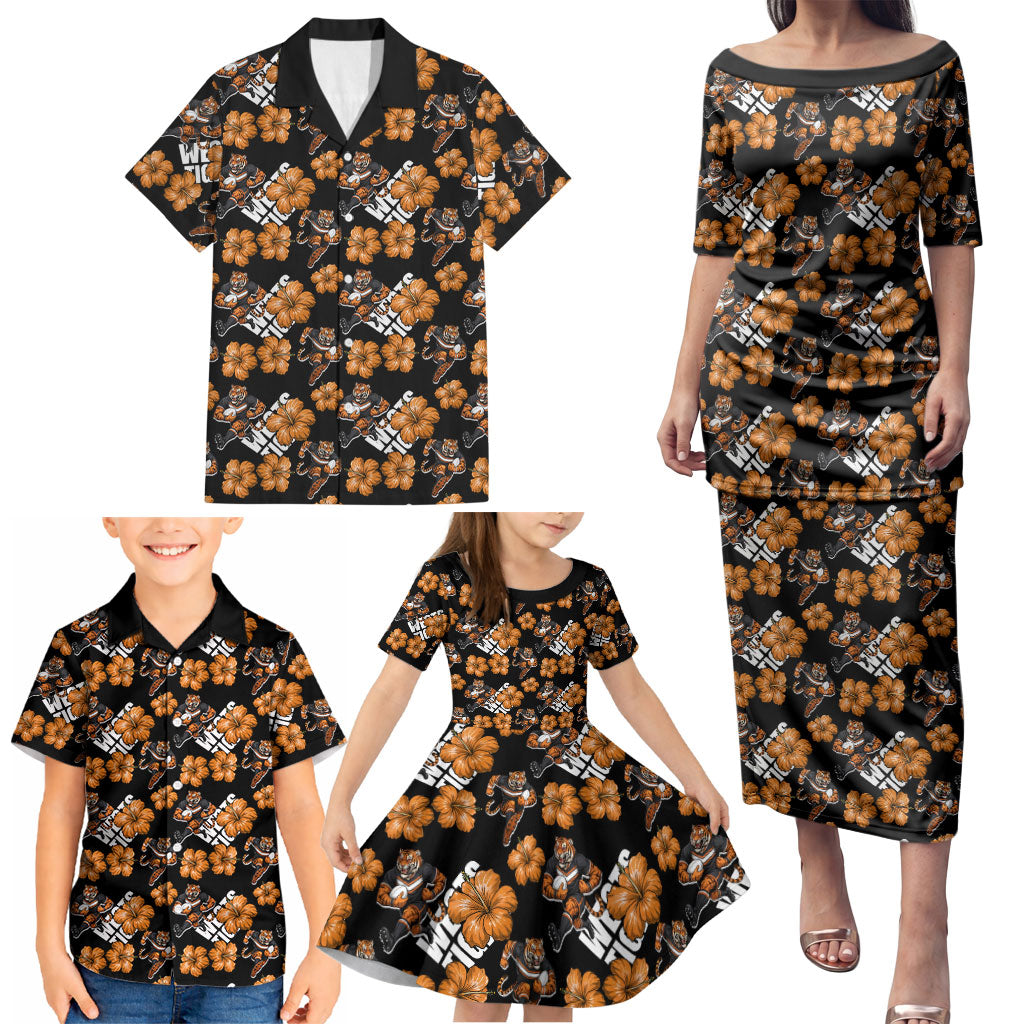 Wests Tigers Family Matching Puletasi and Hawaiian Shirt Tropical Hibiscus Floral Seamless Rugby Mascot