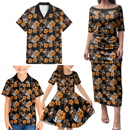 Wests Tigers Family Matching Puletasi and Hawaiian Shirt Tropical Hibiscus Floral Seamless Rugby Mascot
