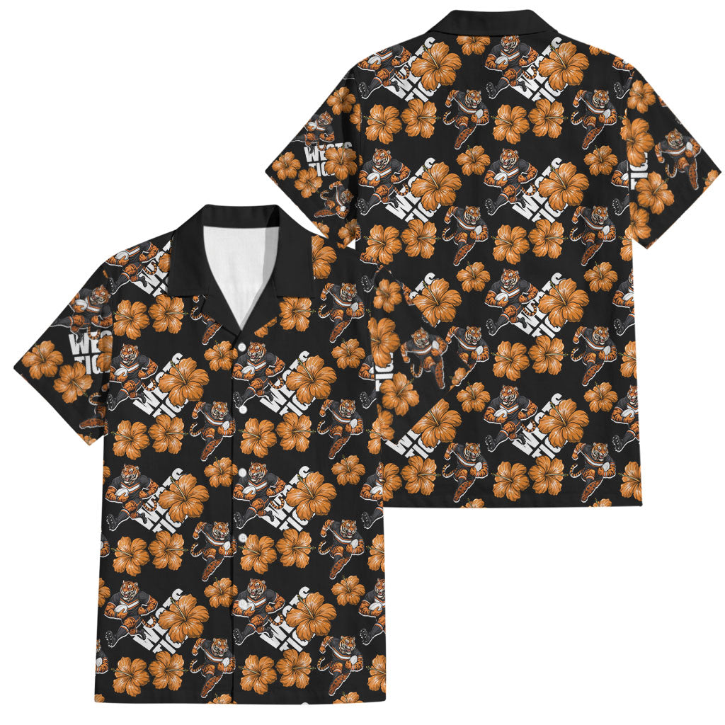 Wests Tigers Family Matching Puletasi and Hawaiian Shirt Tropical Hibiscus Floral Seamless Rugby Mascot