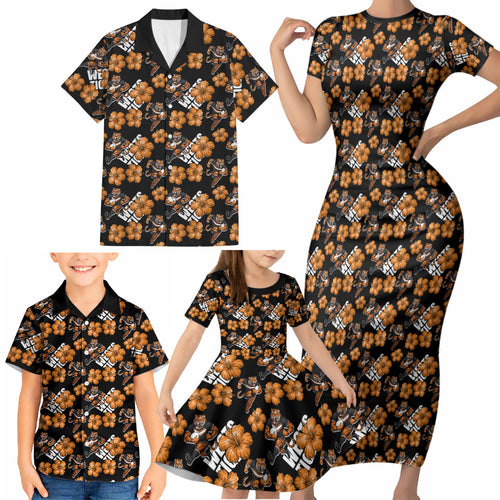 Wests Tigers Family Matching Short Sleeve Bodycon Dress and Hawaiian Shirt Tropical Hibiscus Floral Seamless Rugby Mascot