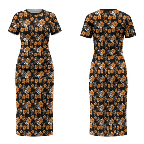 Wests Tigers Family Matching Short Sleeve Bodycon Dress and Hawaiian Shirt Tropical Hibiscus Floral Seamless Rugby Mascot