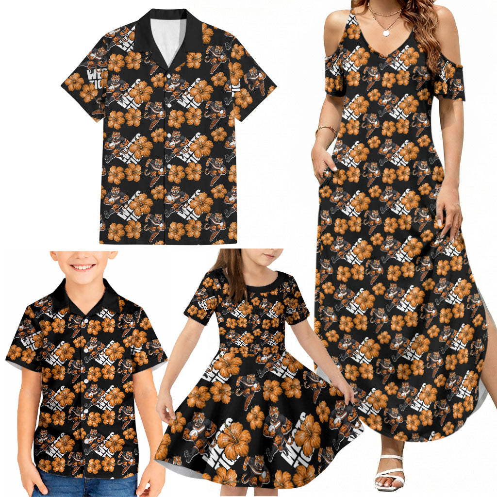 Wests Tigers Family Matching Summer Maxi Dress and Hawaiian Shirt Tropical Hibiscus Floral Seamless Rugby Mascot