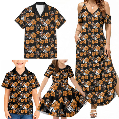 Wests Tigers Family Matching Summer Maxi Dress and Hawaiian Shirt Tropical Hibiscus Floral Seamless Rugby Mascot
