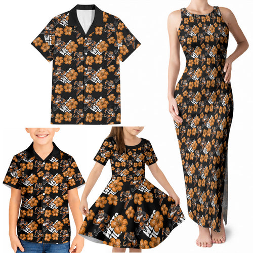 Wests Tigers Family Matching Tank Maxi Dress and Hawaiian Shirt Tropical Hibiscus Floral Seamless Rugby Mascot