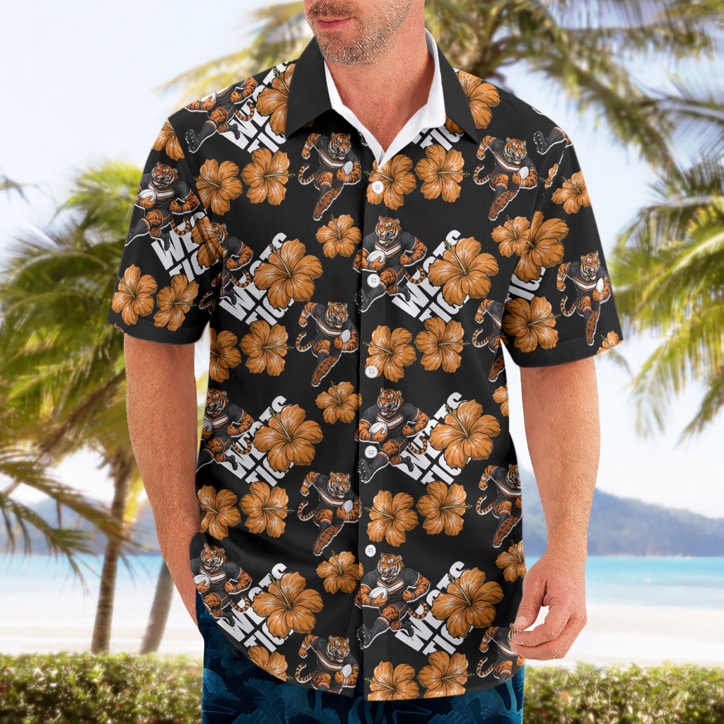 Wests Tigers Hawaiian Shirt Tropical Hibiscus Floral Seamless Rugby Mascot
