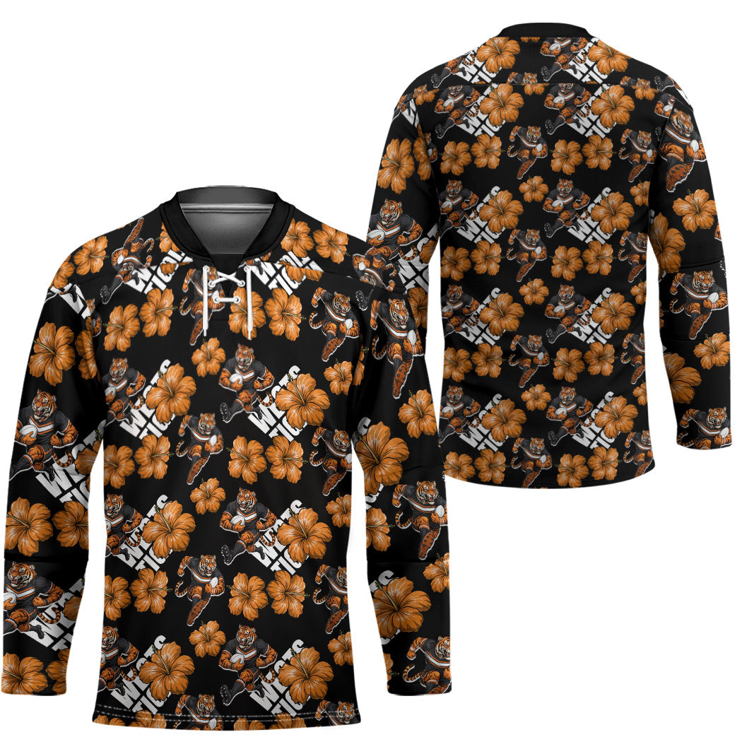 Wests Tigers Hockey Jersey Tropical Hibiscus Floral Seamless Rugby Mascot