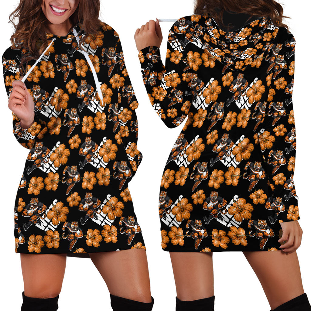 Wests Tigers Hoodie Dress Tropical Hibiscus Floral Seamless Rugby Mascot