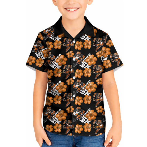 Wests Tigers Kid Hawaiian Shirt Tropical Hibiscus Floral Seamless Rugby Mascot