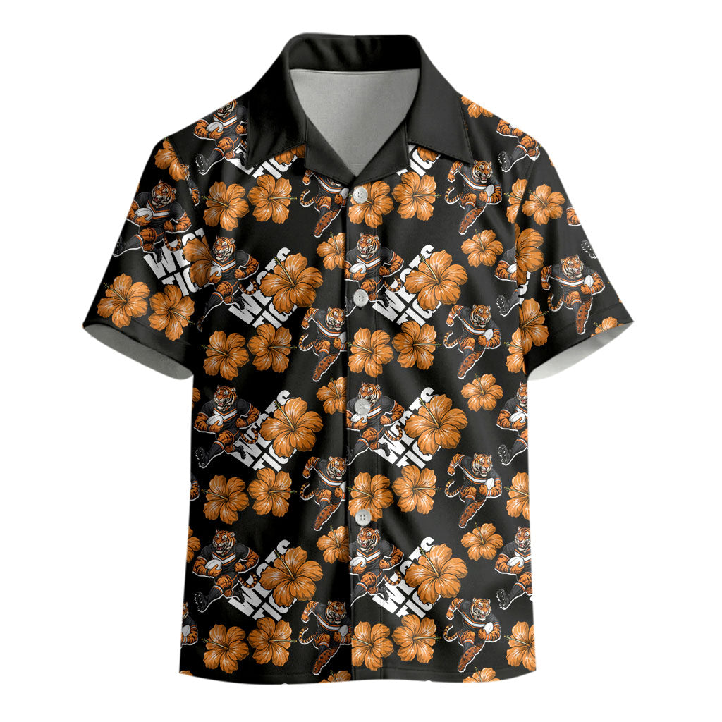 Wests Tigers Kid Hawaiian Shirt Tropical Hibiscus Floral Seamless Rugby Mascot