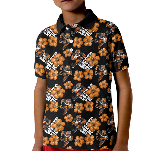 Wests Tigers Kid Polo Shirt Tropical Hibiscus Floral Seamless Rugby Mascot