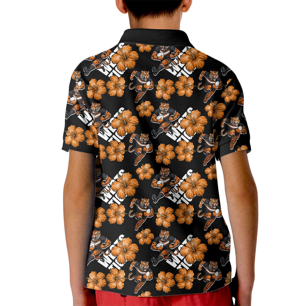 Wests Tigers Kid Polo Shirt Tropical Hibiscus Floral Seamless Rugby Mascot