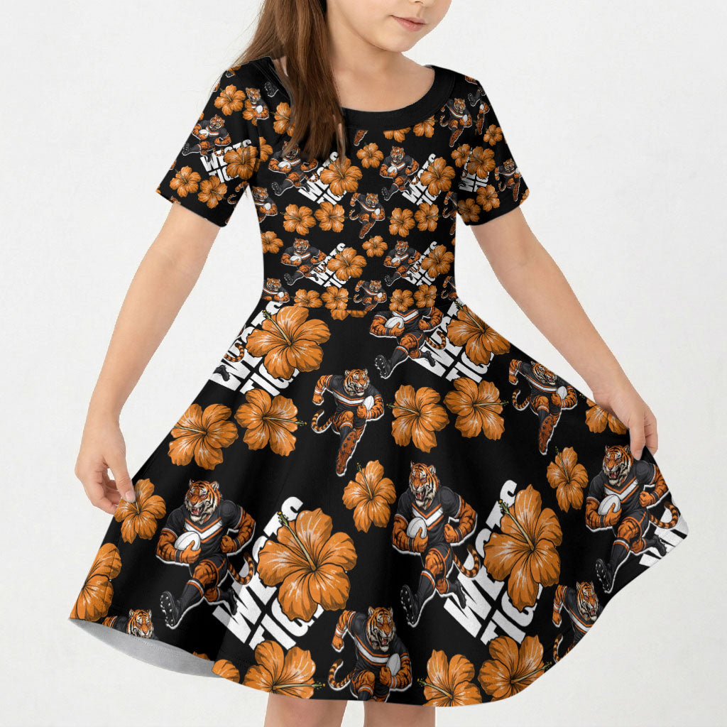 Wests Tigers Kid Short Sleeve Dress Tropical Hibiscus Floral Seamless Rugby Mascot