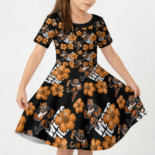 Wests Tigers Kid Short Sleeve Dress Tropical Hibiscus Floral Seamless Rugby Mascot