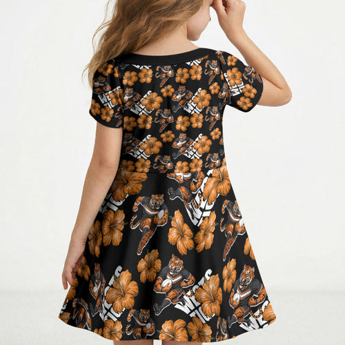 Wests Tigers Kid Short Sleeve Dress Tropical Hibiscus Floral Seamless Rugby Mascot