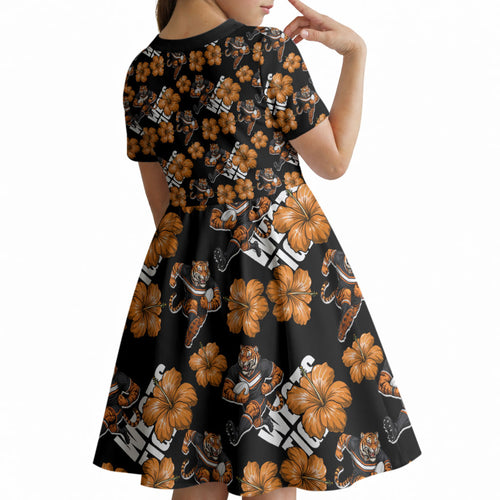 Wests Tigers Kid Short Sleeve Dress Tropical Hibiscus Floral Seamless Rugby Mascot