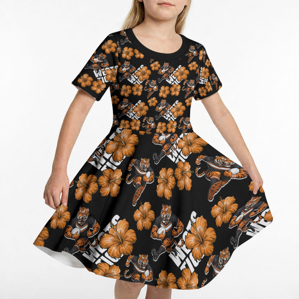 Wests Tigers Kid Short Sleeve Dress Tropical Hibiscus Floral Seamless Rugby Mascot
