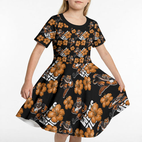 Wests Tigers Kid Short Sleeve Dress Tropical Hibiscus Floral Seamless Rugby Mascot
