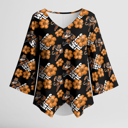 Wests Tigers Kimono Sleeve Blouse Tropical Hibiscus Floral Seamless Rugby Mascot