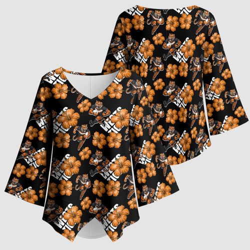 Wests Tigers Kimono Sleeve Blouse Tropical Hibiscus Floral Seamless Rugby Mascot