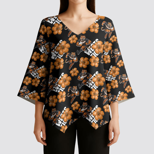 Wests Tigers Kimono Sleeve Blouse Tropical Hibiscus Floral Seamless Rugby Mascot